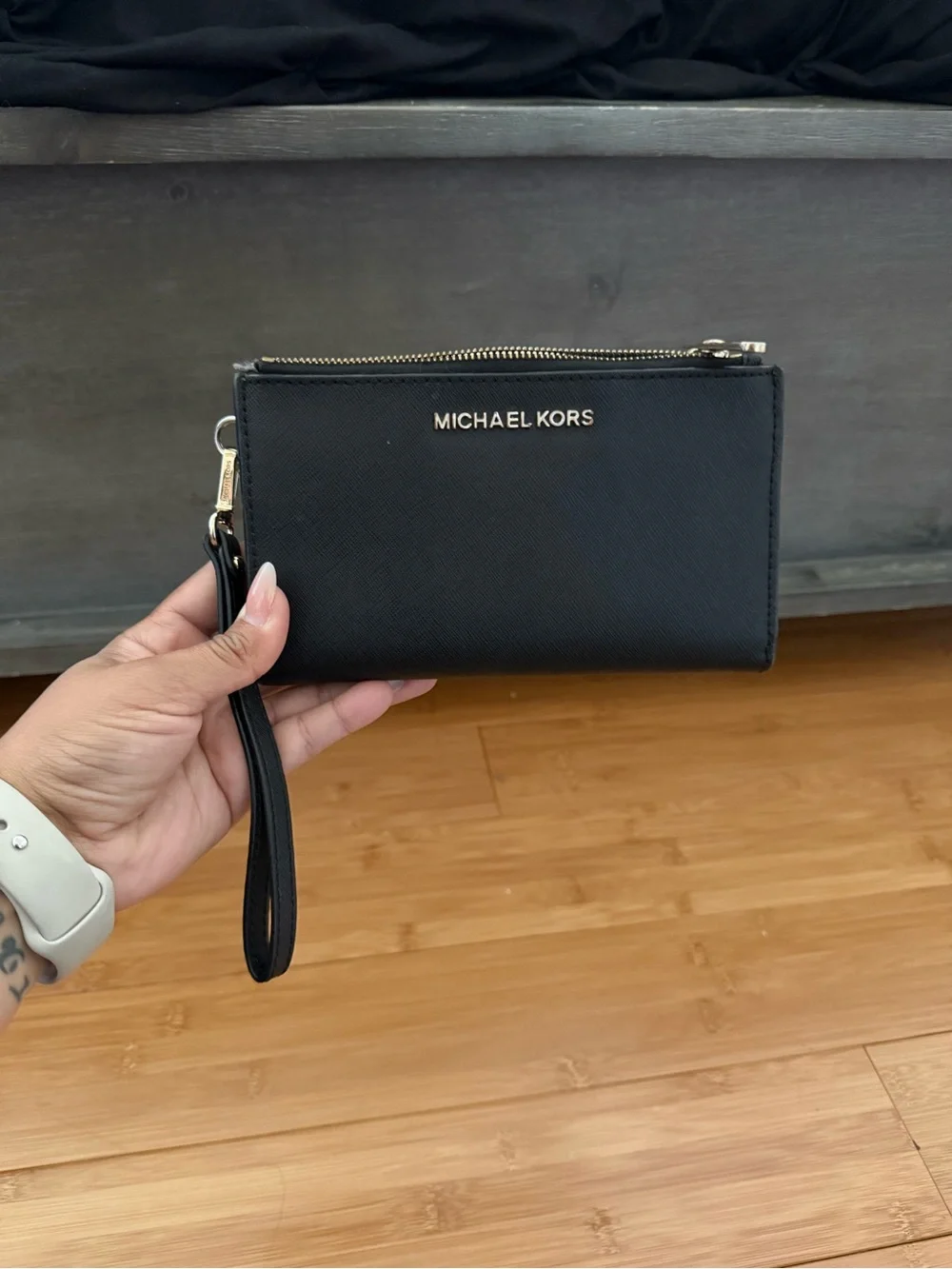 Michael Kors Black and Gold Saffiano Wristlet Card Holder